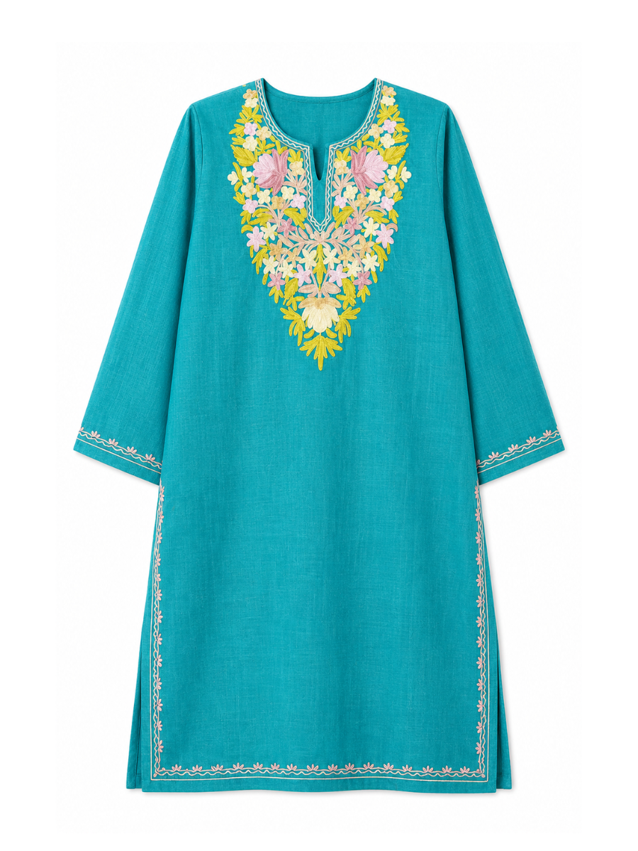 Noor : Kashmiri Aari embroidery summer Co-Ord Set | Aqua